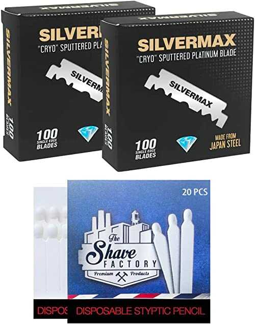Lamette 2x 100 Single Edge Razor Blades Silvermax Cryo Sputtered Platinum + 20 zapałek hemostatycznych The shave factory