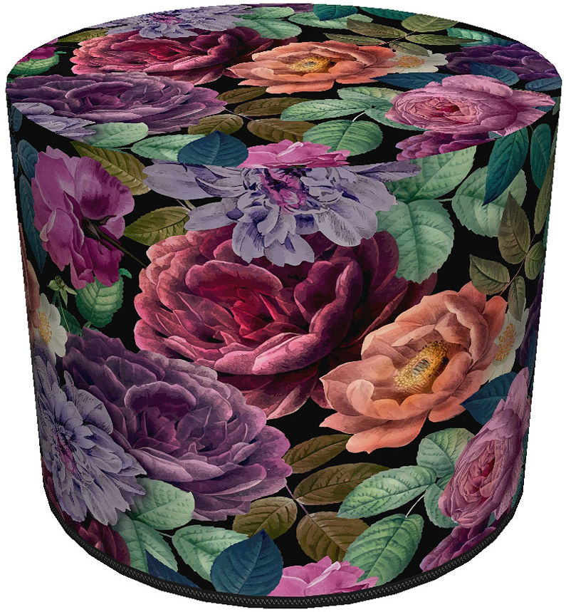 Elior Okrągła tapicerowana zielono-różowa pufa w kwiaty - Matilda