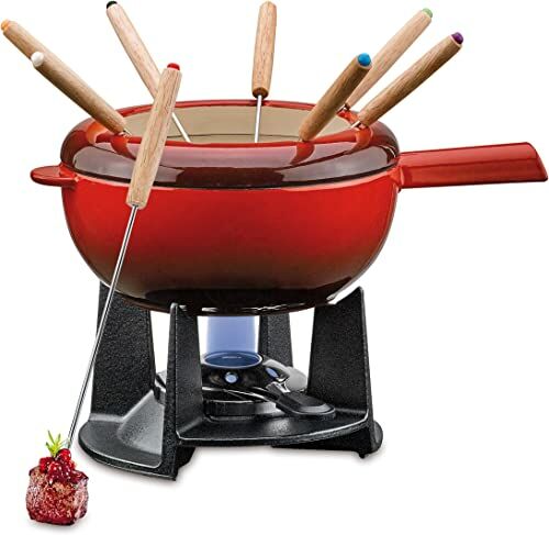 Spring Żeliwny zestaw do fondue, czerwony, Ø 20 cm, z 8 widelcami do fondue i ochroną przed pryskaniem, do fondue serowego, fondue mięsnego, palnik Rechaud