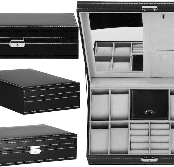 Szkatułka na zegarki 30x20x8cm czarny, ekoskóra organizer z przegródkami i lusterkiem